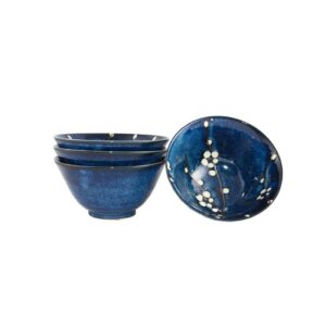 Set 4 bols à riz japonais bleu motifs fleurs de cerisier