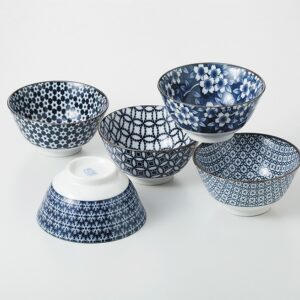 Set 5 bols japonais bleus en porcelaine