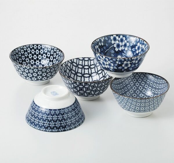 Set 5 bols japonais bleus en porcelaine