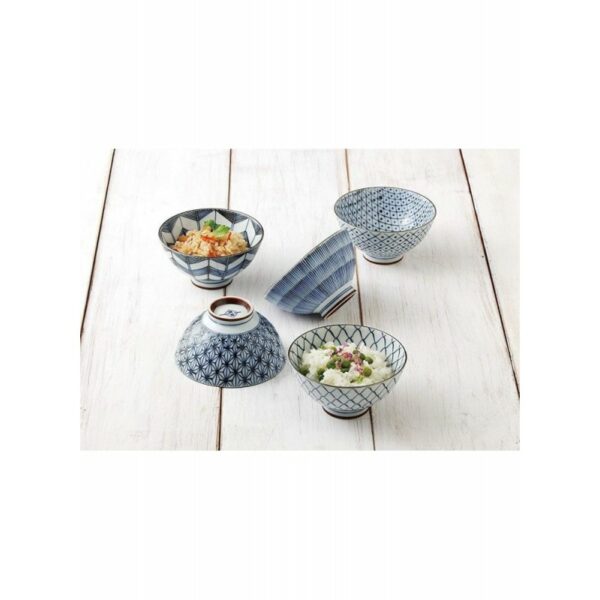 Set de 5 bols japonais pour le riz dans les tons bleu et blanc