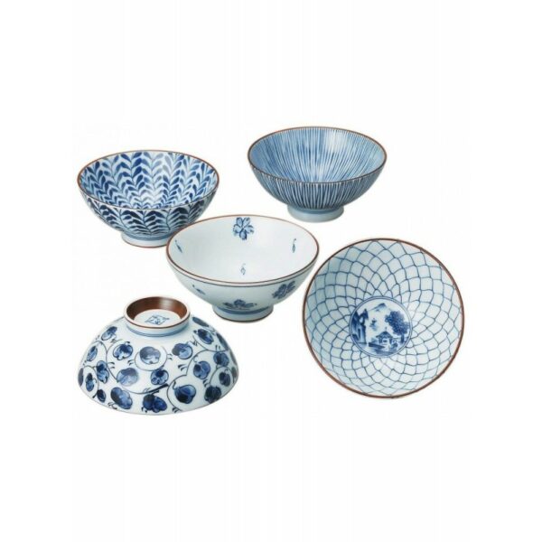 Set de 5 bols japonais bleus et blancs