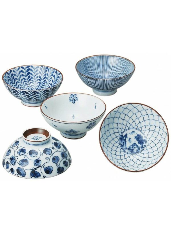 Set de 5 bols japonais bleus et blancs