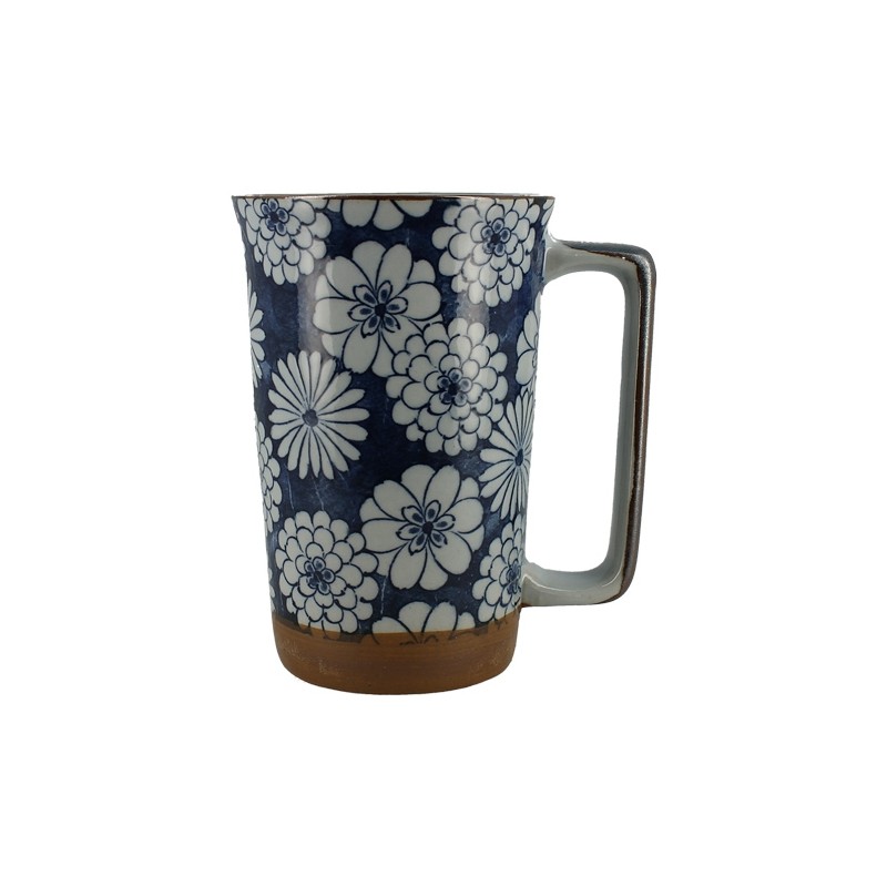 Grand mug bleu motifs fleurs rondes