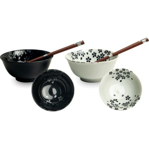 Set de 2 bols noir et blanc motifs de fleurs